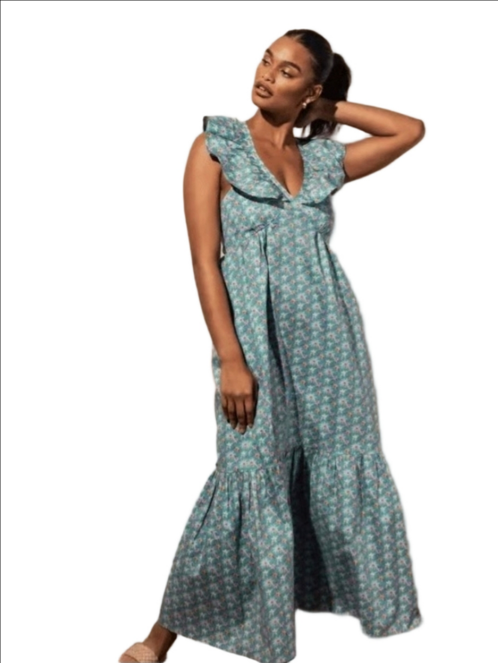 Mott50 Teal Ditsy Floral Cotton Stretch Maxi Dress Plunging V-neck Ruffle Straps